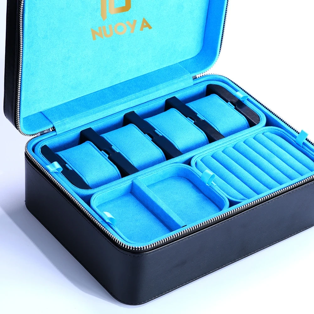 High Quality Box Custom Logo Real Leather Big Jewelry Case With Many Trays Black Leather Suede Lining Jewelry Box Organizer