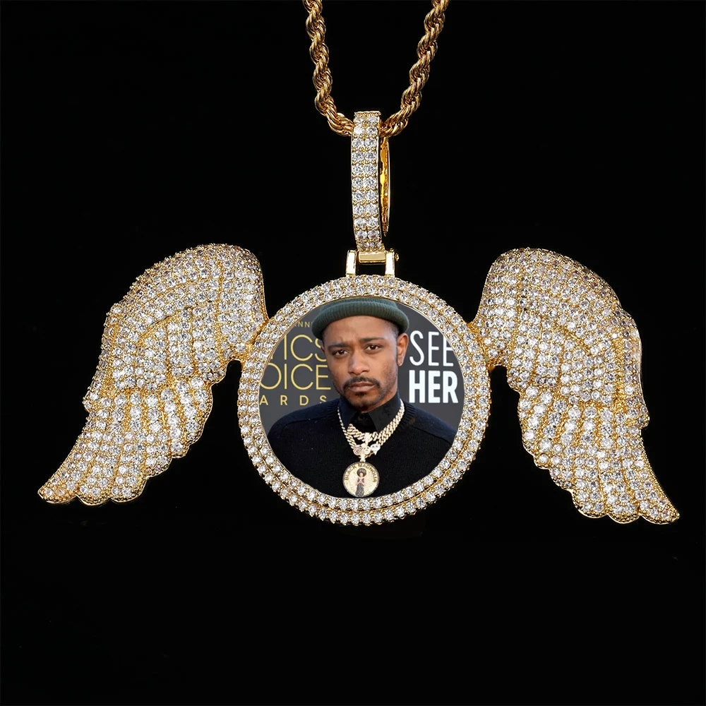 Angel Wings Medallions Custom Photo Pendant Necklace Hip Hop Jewelry Iced Out Pendant Free Custom Engraved Name Memory Gift Men