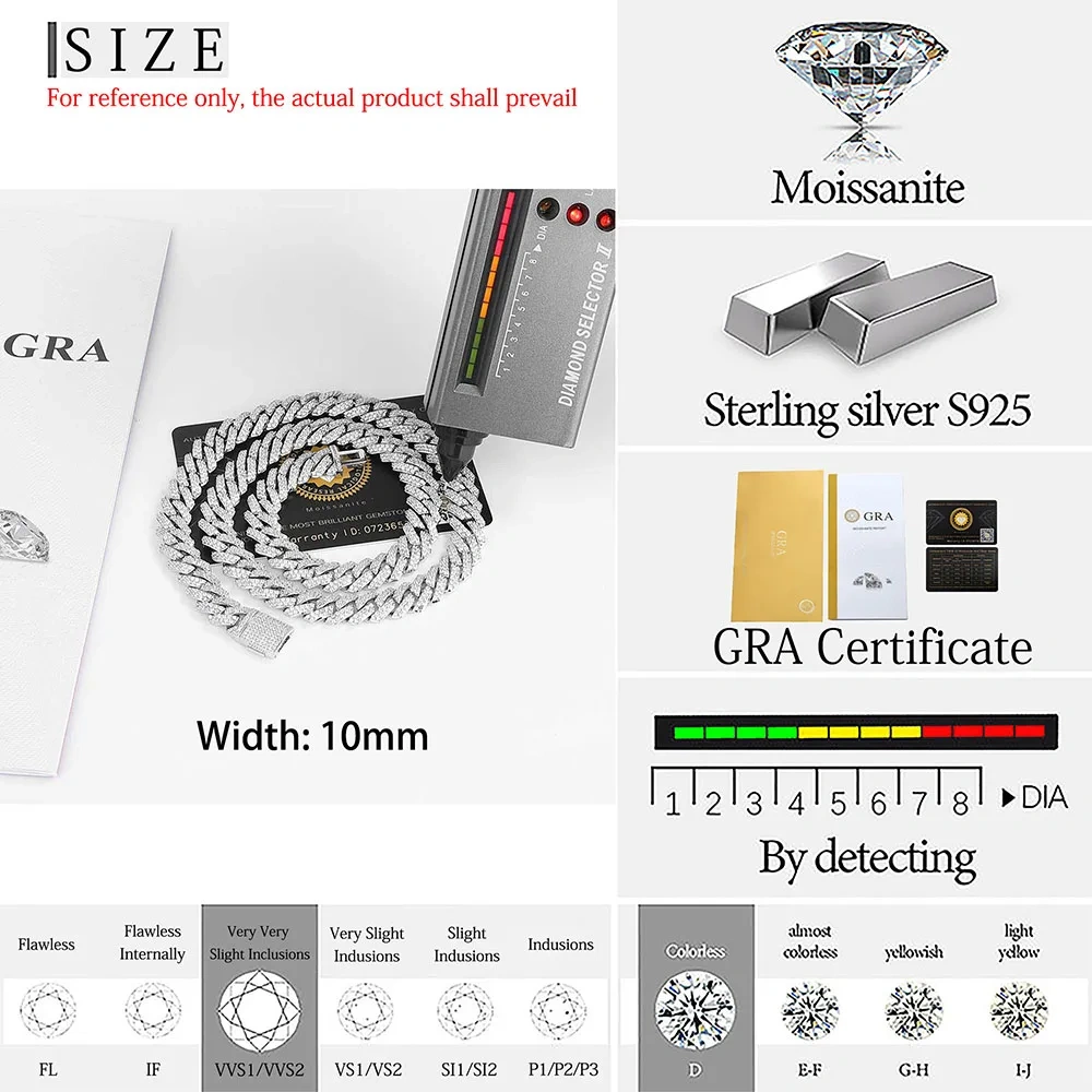 Hip Hop Jewelry Pass Diamond VVS Double Row 10MM S925 Sterling Silver Necklace Moissanite Miami Cuban Link Chain For Men