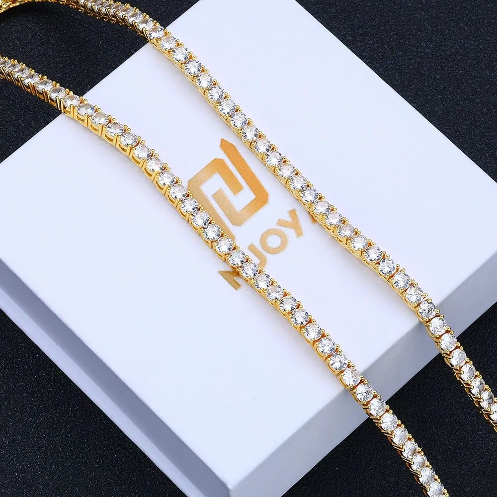 Hip-Hop Brass Gold Plated Cubic Zircon Single Row Tennis Necklace Jewelry Bling Diamond Tennis Chain Women Men Gift
