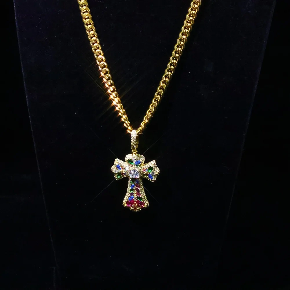 ESKEEM Custom Colorful Cross Pendant Large Baguette CZ Diamond Iced Out Charm Pendant Hip Hop Jewelry DropShipping Men Women