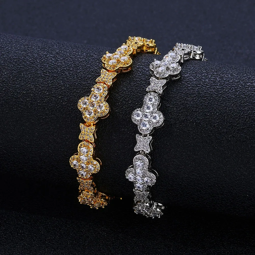 ESKEEM 10MM Cross Flower Star Chain Bracelet 18K Gold Plated Micro Pave CZ Diamond Iced Out Hip Hop Fine Jewelry Gift