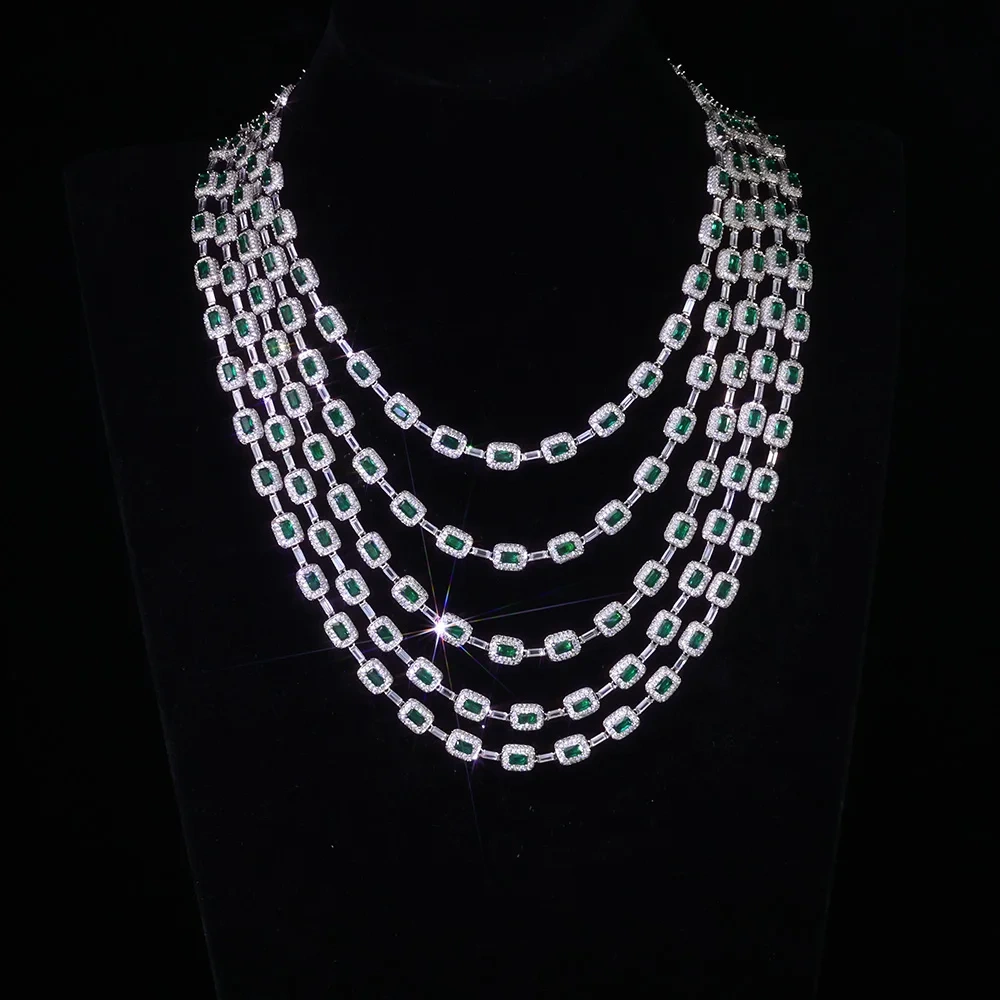 Hiphop Fashion Jewelry 7mm Sparkling White Gold Plated Green Baguette Diamond Chain Bracelet Brass Zircon Emerald Bracelet