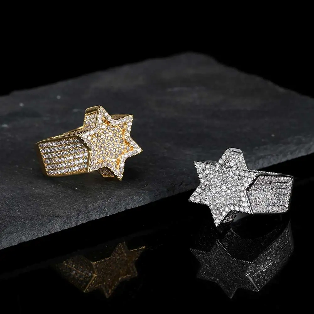 New Style Hip Hop Rapper Rock Jewelry Hexagonal Star Micro Pave 3A CZ Stone Ring For Women