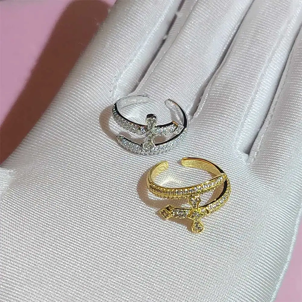 Hip Hop Jewelry Open Adjustable Ring Justice Sword Iced Out Zircon Cross Rings For Women Men Party Gift