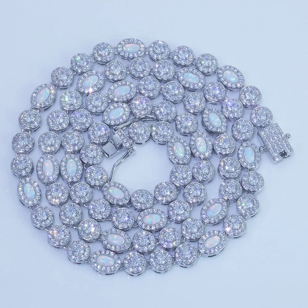 Hip Hop Tennis Moissanite Chain Necklace 925 Sterling Silver White Vvs Moissanite&Flame Opal Tennis Chain Fine Jewelry