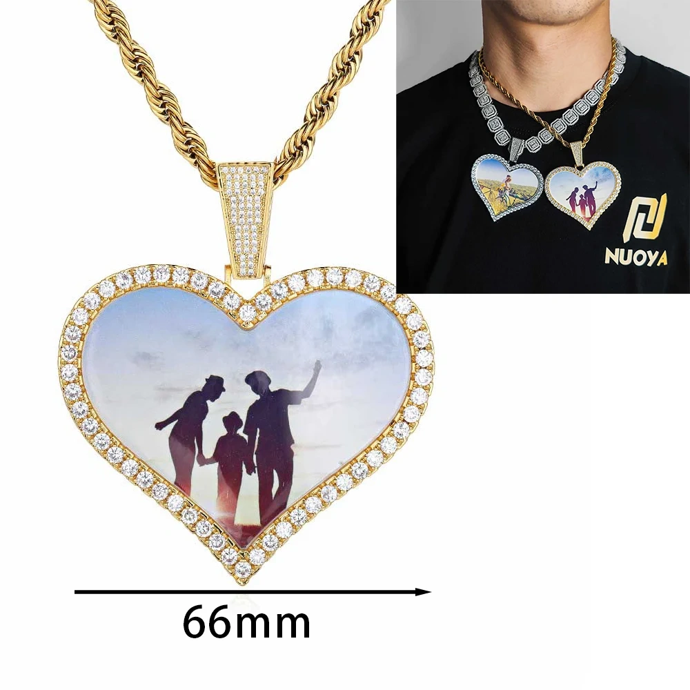 66mm Personalized Custom Big Heart Photo Pendants Bling Diamond Memarial Picture Necklaces Women Men Hip Hop Jewelry Gift
