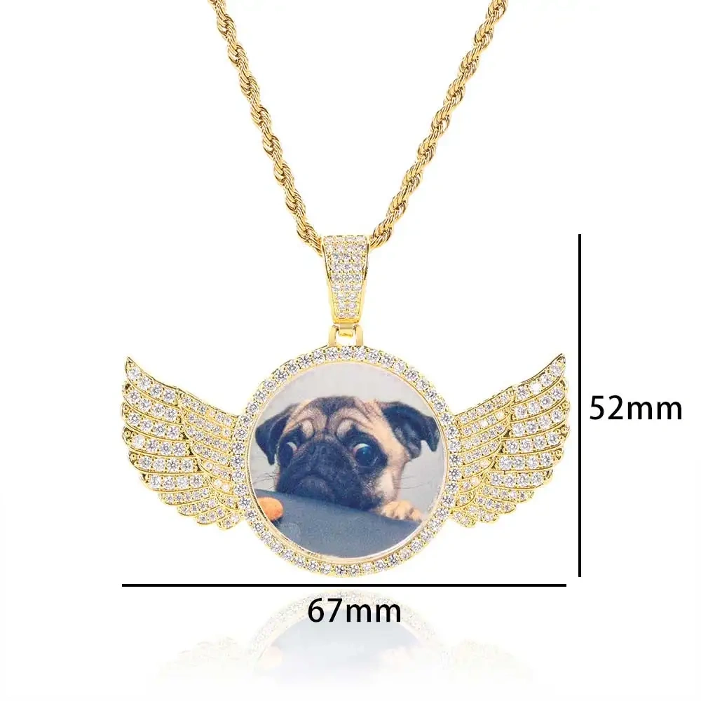 Dropshipping Hip Hop Personalized Pendant Bling CZ Memorial Picture Necklace Photo Custom Angel Free Engrave Wing Pendants