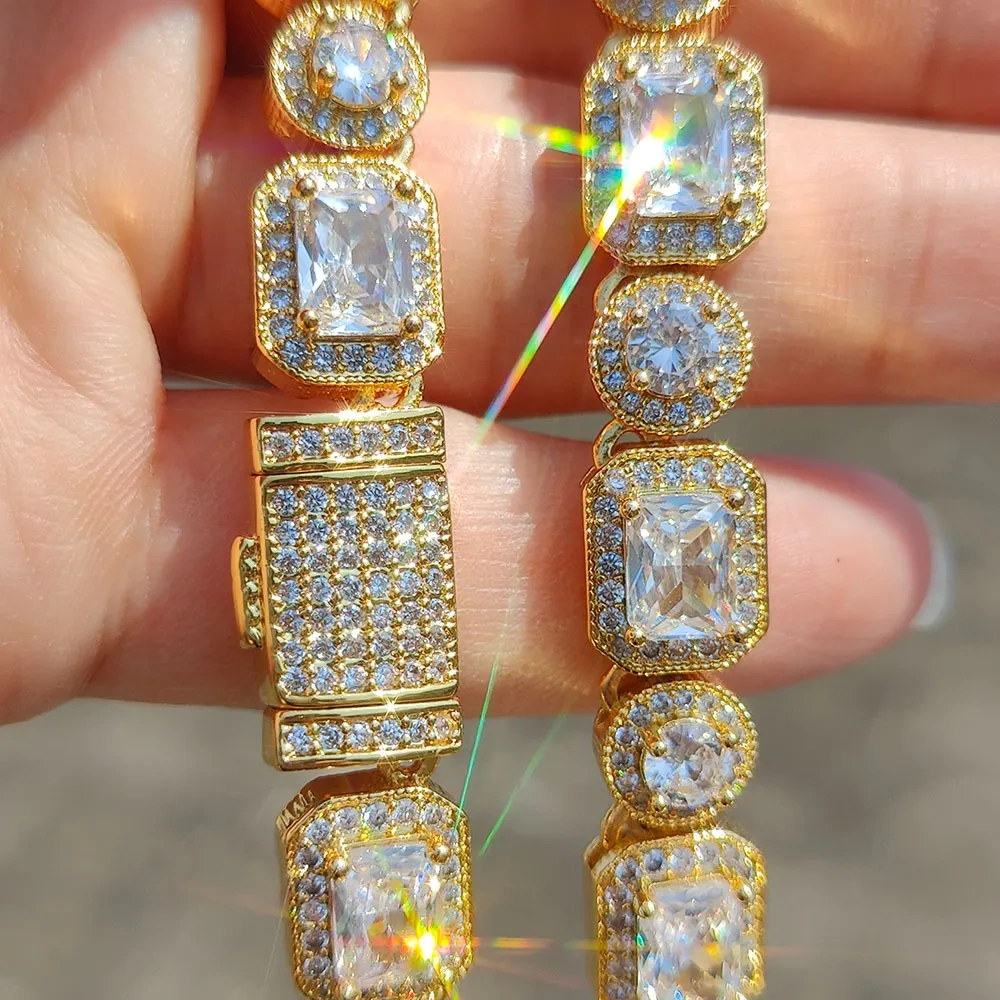 Hip Hop Jewelry Shine 10MM Iced Out Zircon Tennis Bracelet T-Square Round Bling Diamond Women Accessories Clustered Tennis Chain
