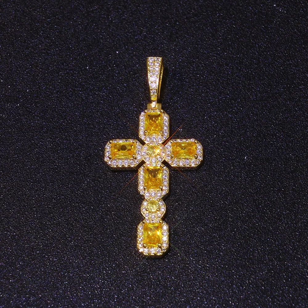 ESKEEM New Arrival Hip Hop Bling Yellow CZ Diamond Cross Pendant Yellow Baguette Gemstone Cross Necklace for Women Men