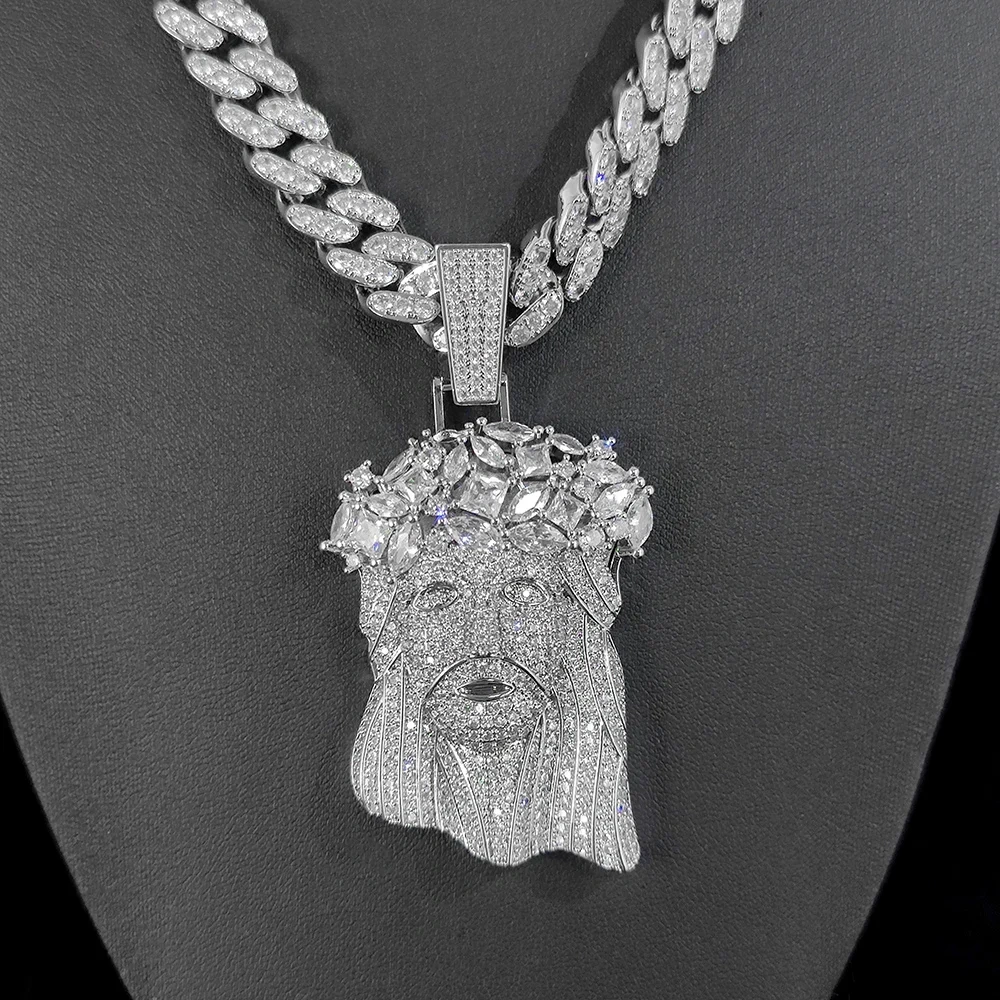 ESKEEM Bling Iced Out 5A CZ Jesus Face Pendant White Gold Plated Big Jesus Head Charm Hip Hop Jewelry wtih 12mm Cuban Chain