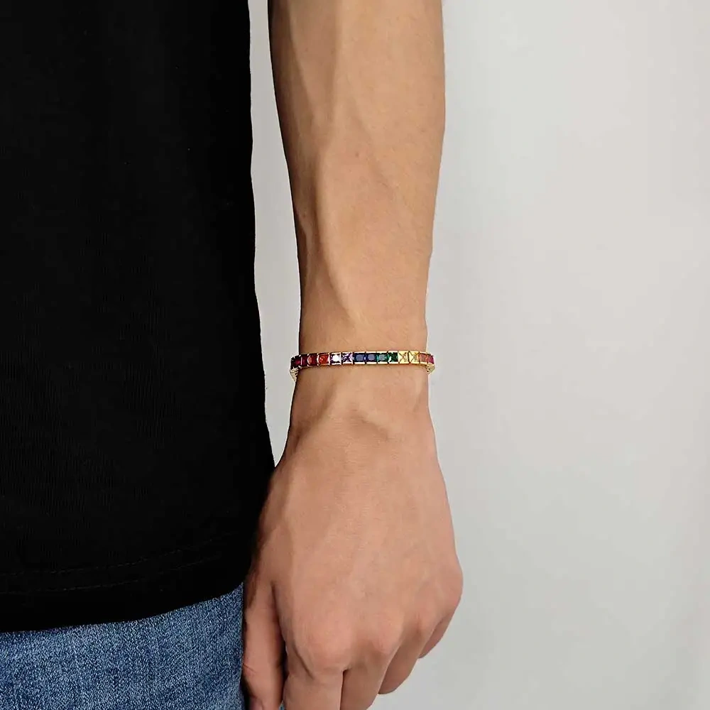 Fashion Jewelry Ice Out Rainbow Bracelet Brass Square 4mm 18K Gold Plated Colorful Cubic Zirconia Diamond Tennis Bracelet