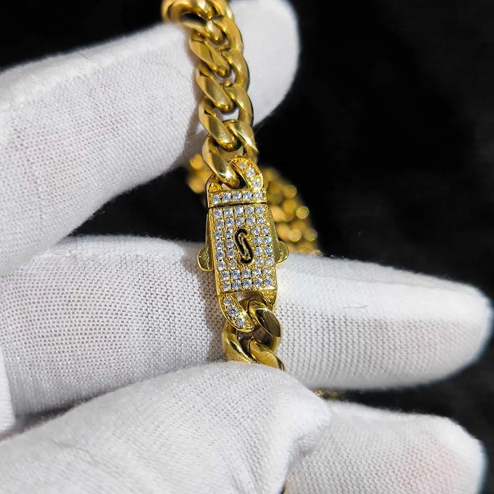 18K Gold Plated 8MM Miami Cuban Link Chain Hip Hop Necklace Custom Name/Logo Diamond Clasp Stainless Steel Cuban Chain Necklace
