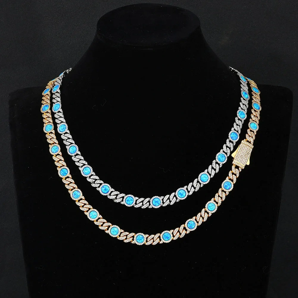 Hip Hop Jewelry 5A Cubic Zirconia Blue Opal Cuban Link Chain Bling Gold Plated Brass Diamond Cuban Necklace for Women Men
