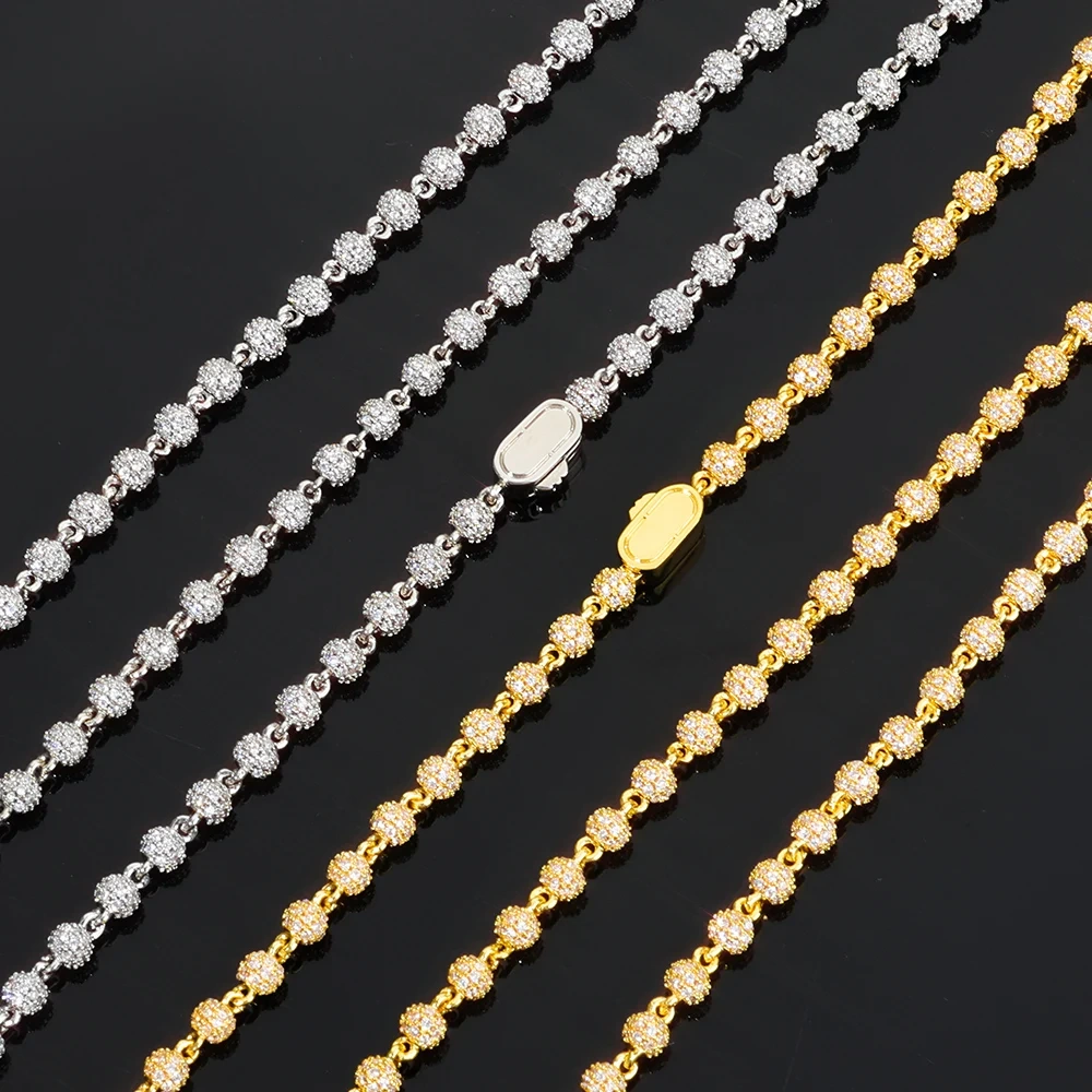 ESKEEM Hip Hop Jewelry 4mm Iced Out Diamond Bead Necklace Full Pave Cz Stone 18k Gold Plated Ball Chain Necklace for Women