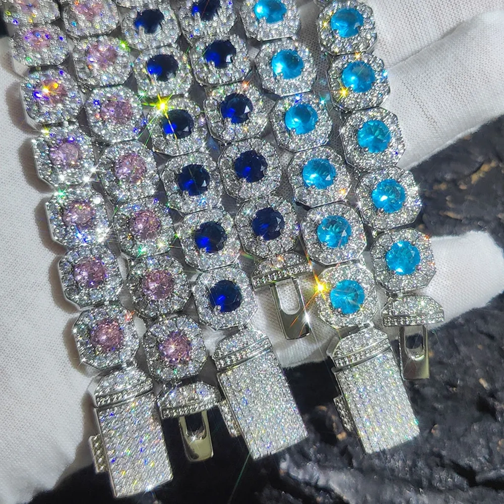 Wholesale Inventory Hip Hop Personality Style Clamshell BucklePink/Blue Gemstone Tennis Chain Bracelet for Girls