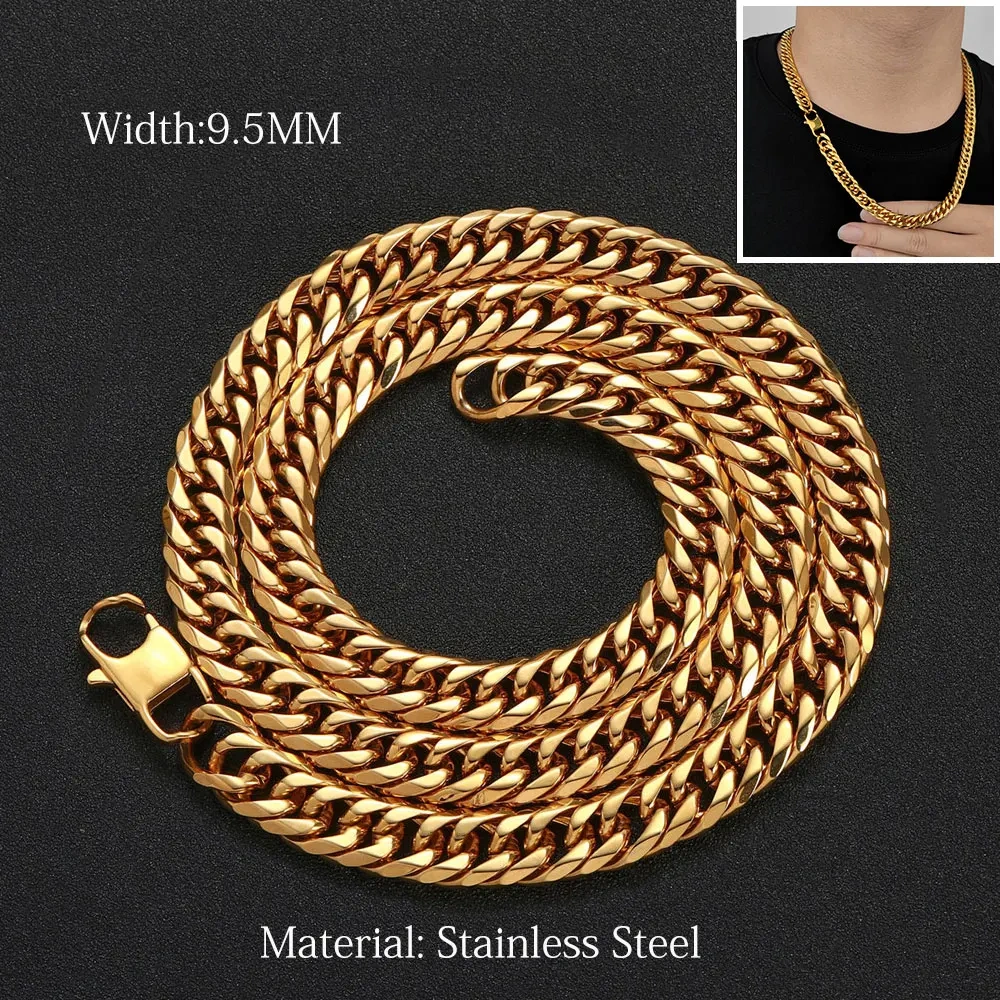 Hip Hop Jewelry 7/9.5MM Width Stainless Steel Miami 6 Side Cowboy clasp Cuban Chain Necklace 16-26"
