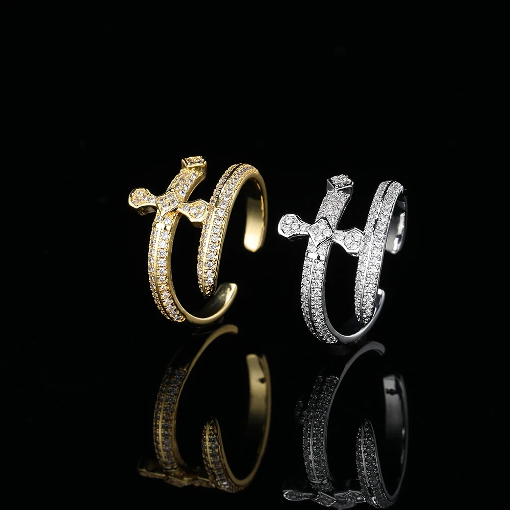 Hip Hop Jewelry Open Adjustable Ring Justice Sword Iced Out Zircon Cross Rings For Women Men Party Gift