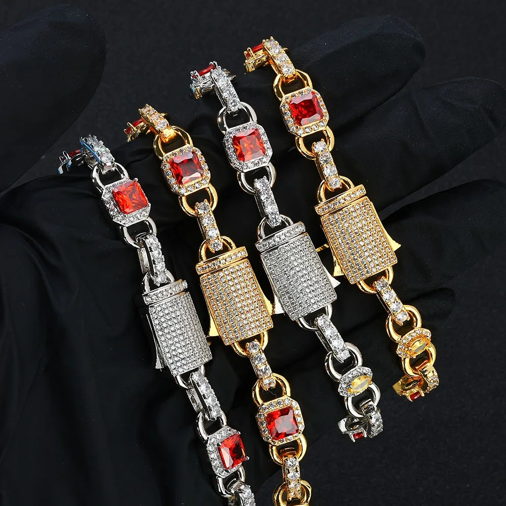 18k Gold Plated Colorful Necklace Elliptical/Square/Heart shaped Red yellow Zircon High Quality Spring ClaspCuban Chain
