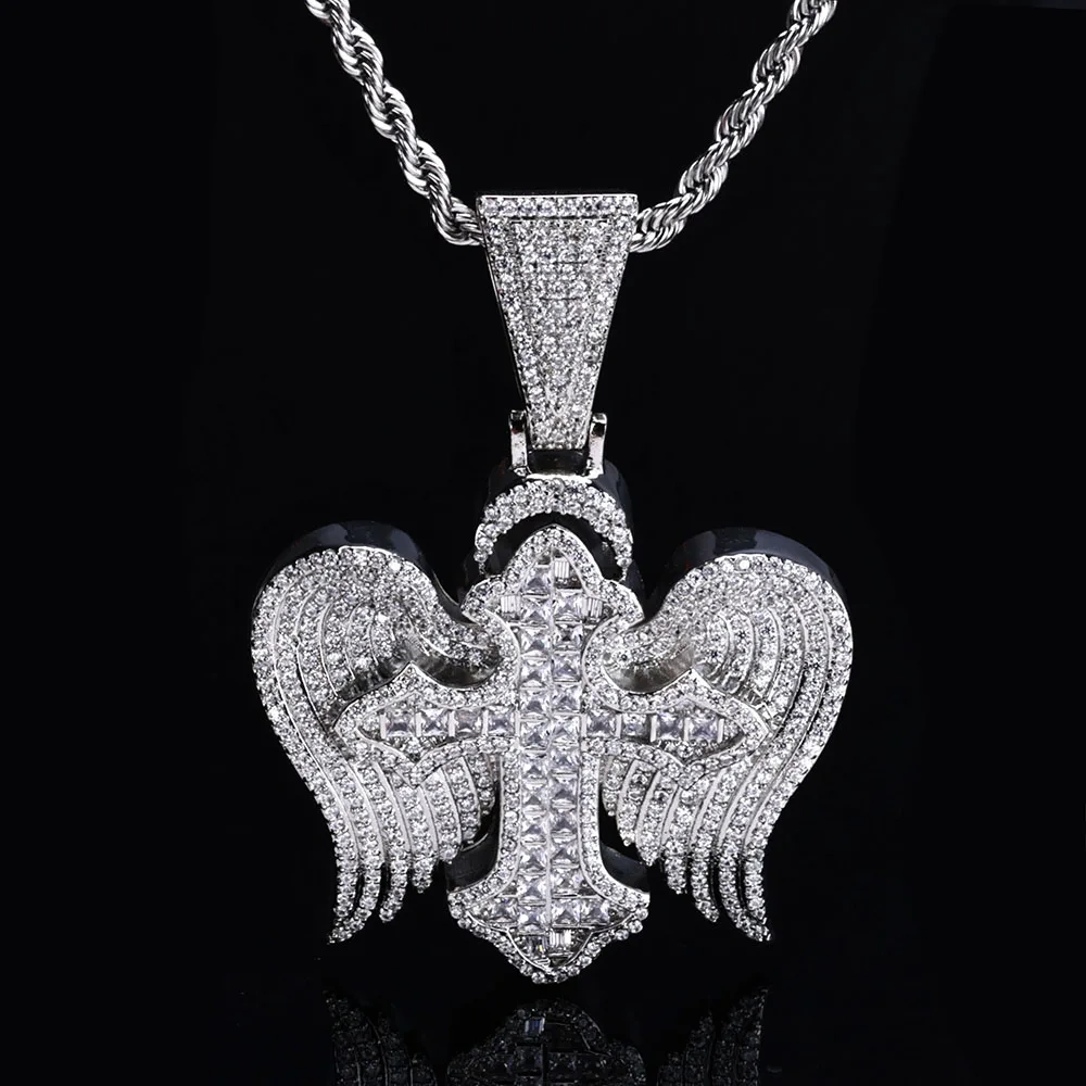 Hip Hop Sparkling Ice Flower Zircon Cross Wings Pendant Full Diamond Cross Pendant Necklace Accessories Men Women Jewelry