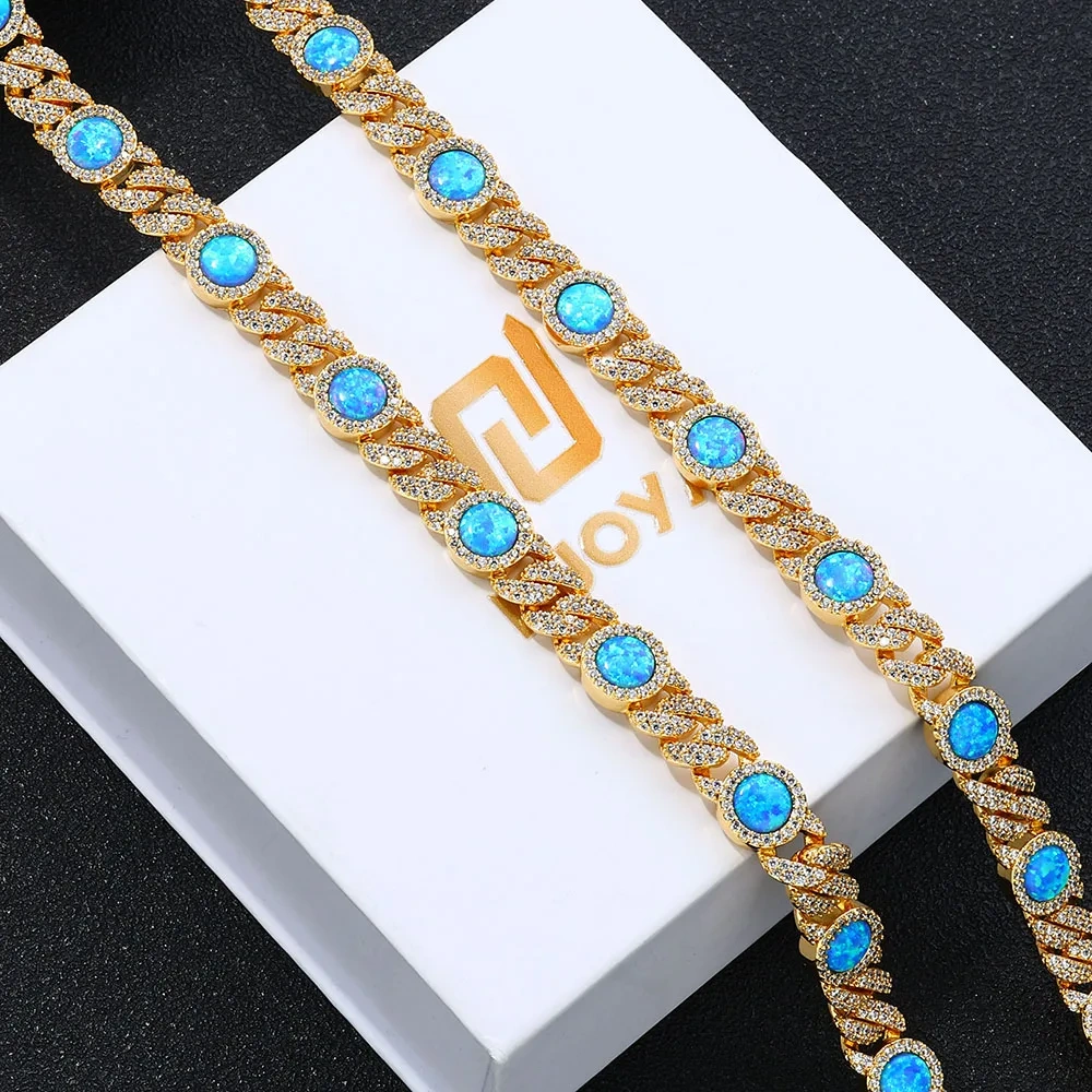 Hip Hop Jewelry 5A Cubic Zirconia Blue Opal Cuban Link Chain Bling Gold Plated Brass Diamond Cuban Necklace for Women Men