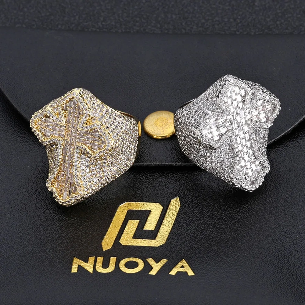 Hip Hop Jewelry Fashion Style Cross Cuban Ring for Men Bling Iced Out Round&T-shaped Diamond Cross Ring Party Gift