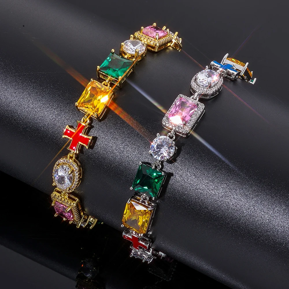 ESKEEM Hip Hop Jewelry Iced Out Multi Gemstone Bracelet Mixed Shape Rainbow Gems Cross Link Chain Fashion for Women Men