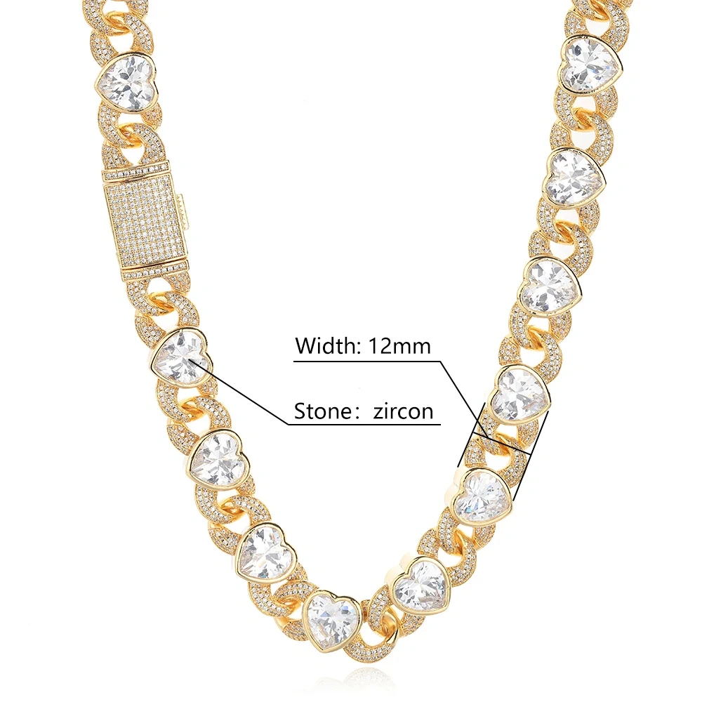 12MM CZ Miami Large Iced Out Heart Shape Cuban Link Chain Bling Hip Hop Rapper Heart Cuban Link Choker Necklace Women
