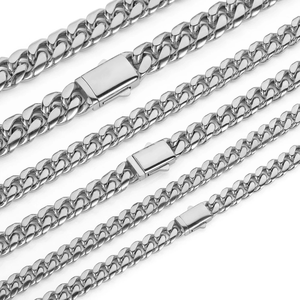 Hip Hop Stainless Steel Cuban Link Chain Necklace For Men Women Cuban Bracelet Jewelry Custom Logo On Front Back