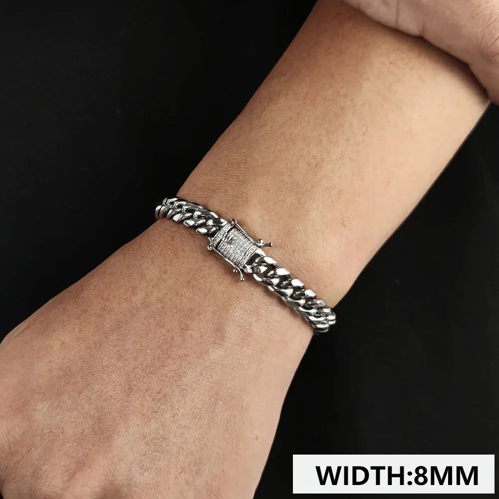 6/8/10/12/14/16MM Hip Hop Rock Zircon Clasp Cuban Bracelets For Men Stainless Steel Jewelry
