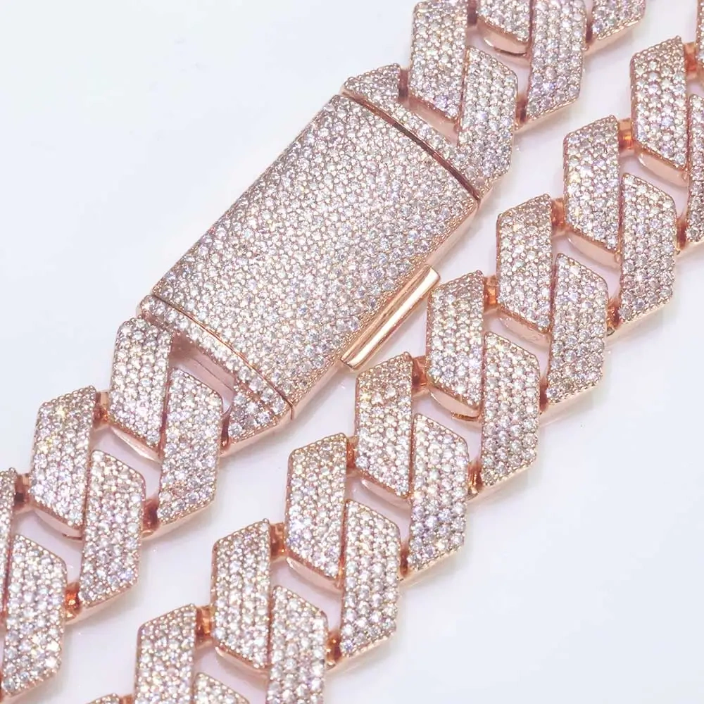 Rose Gold Plated Chain Hip Hop Jewelry 15mm Luxury Women Man Bling Prong Iced Diamond Cuban Link Necklace Birthday Party Gift