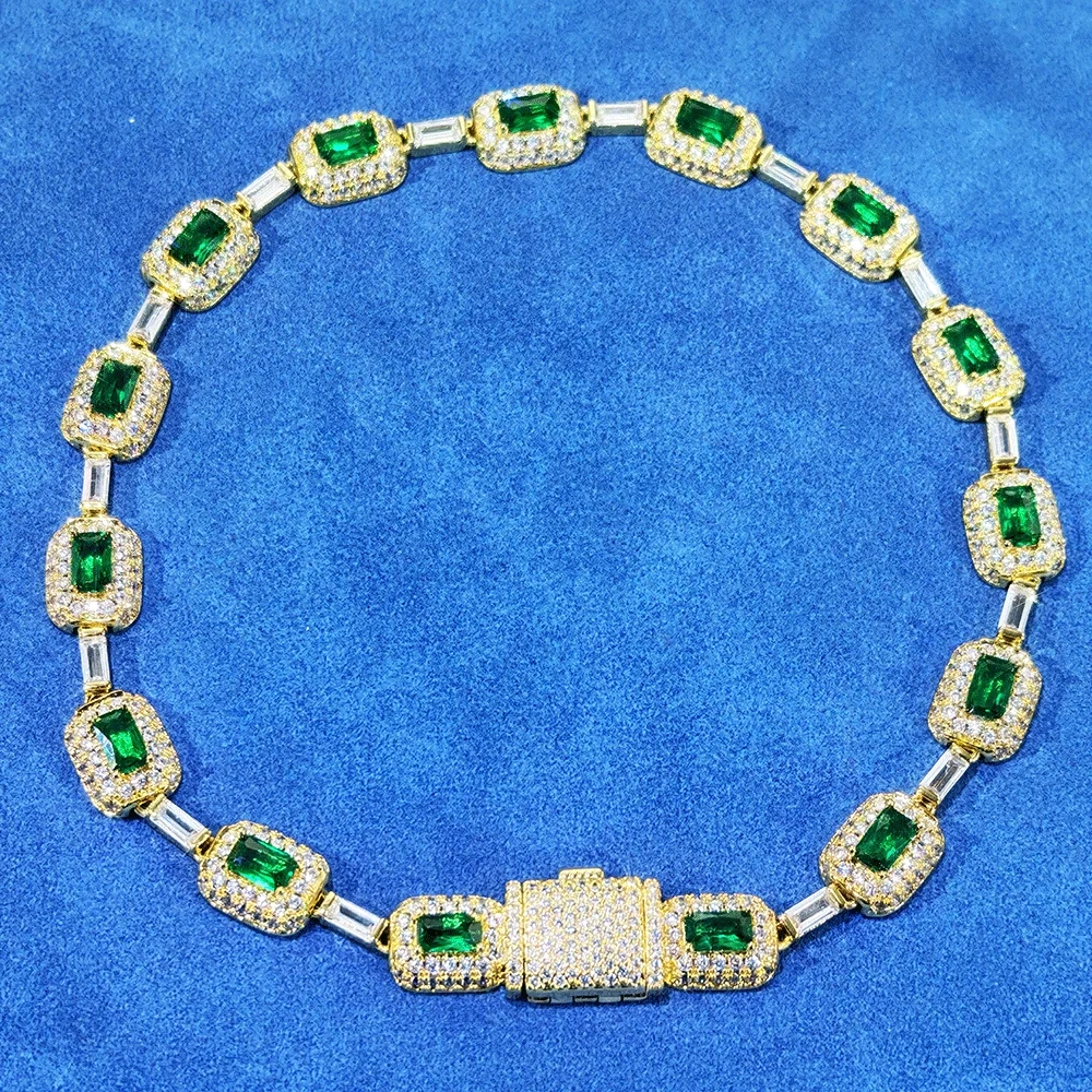 Hiphop Fashion Jewelry 7mm Sparkling White Gold Plated Green Baguette Diamond Chain Bracelet Brass Zircon Emerald Bracelet