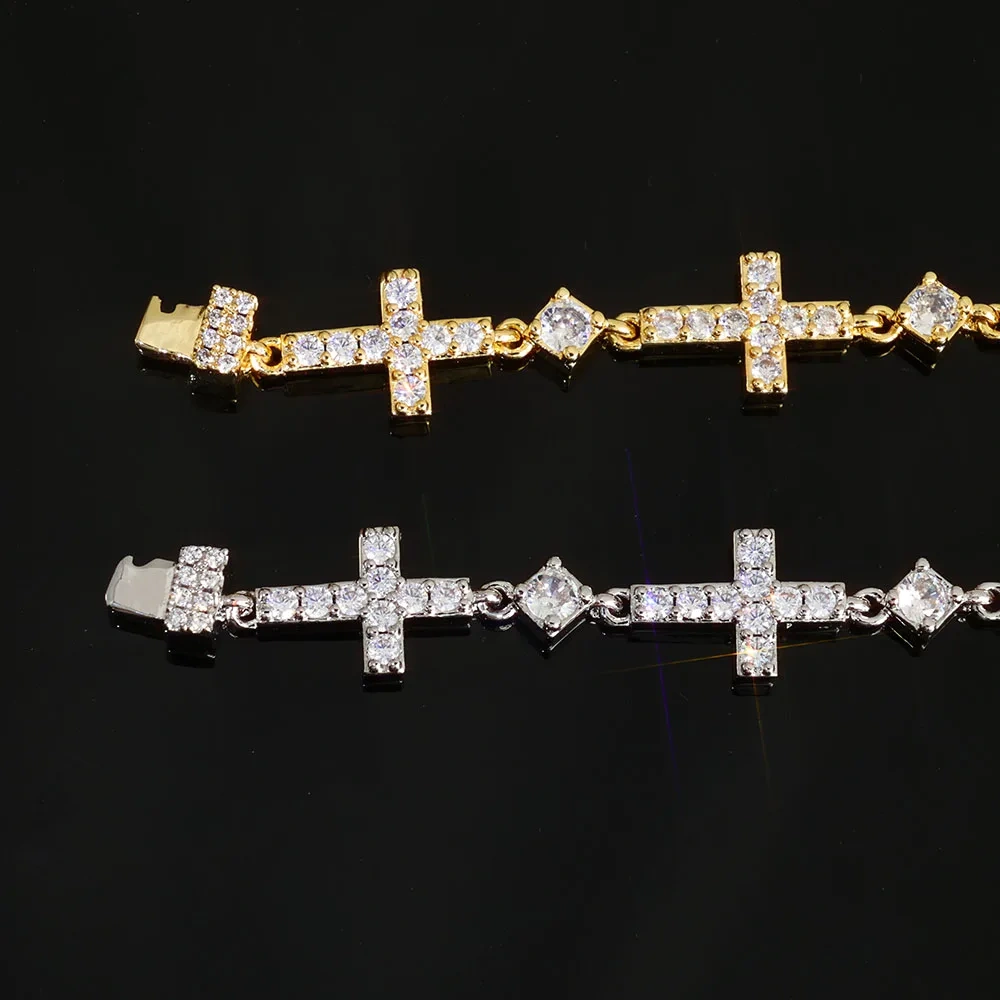 ESKEEM Luxury Gold Plated 5MM Iced Out Chain Bracelet Elastic Clasp Small Cross Design Bling Zircon Stones Fine Jewelry