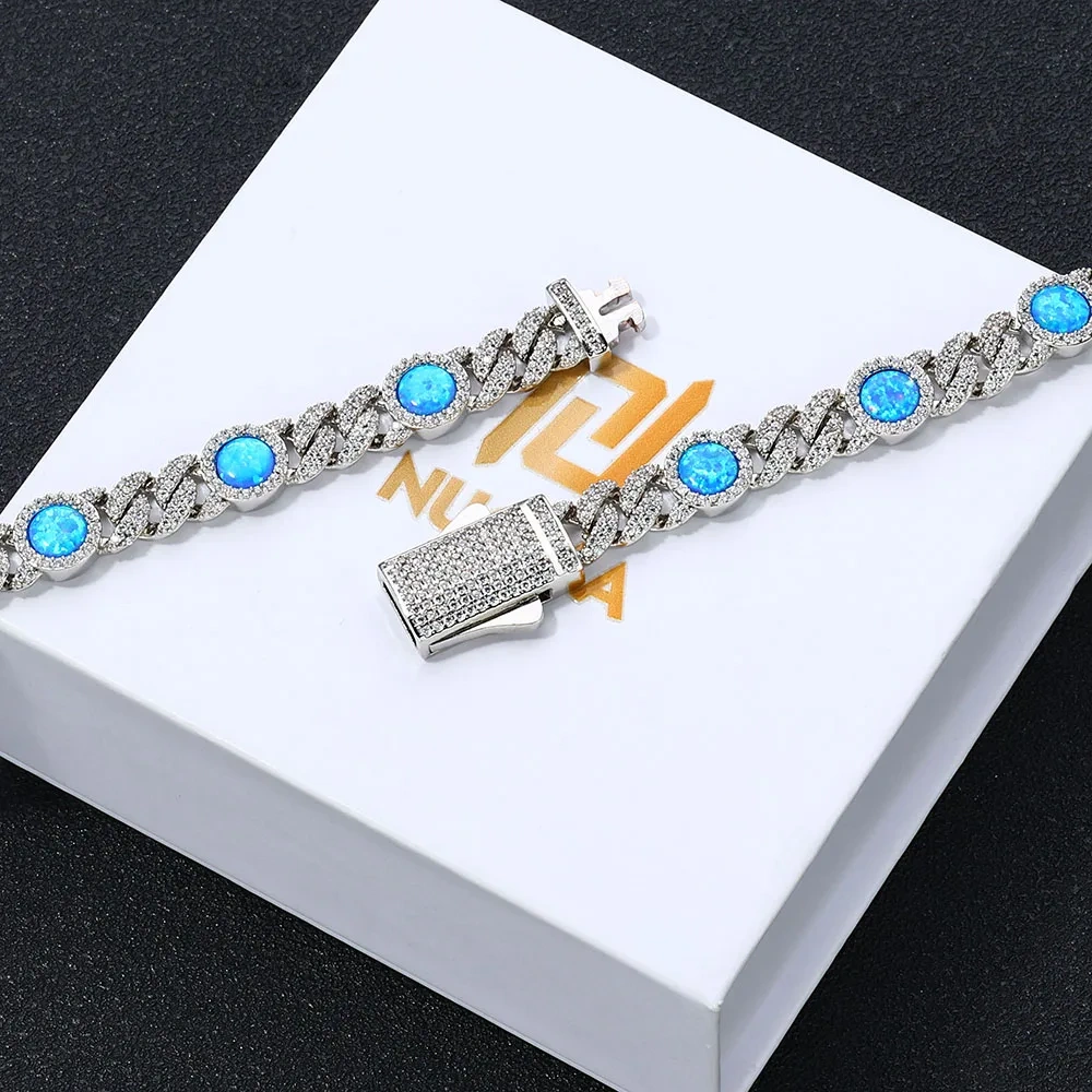 Hip Hop Jewelry 5A Cubic Zirconia Blue Opal Cuban Link Chain Bling Gold Plated Brass Diamond Cuban Necklace for Women Men