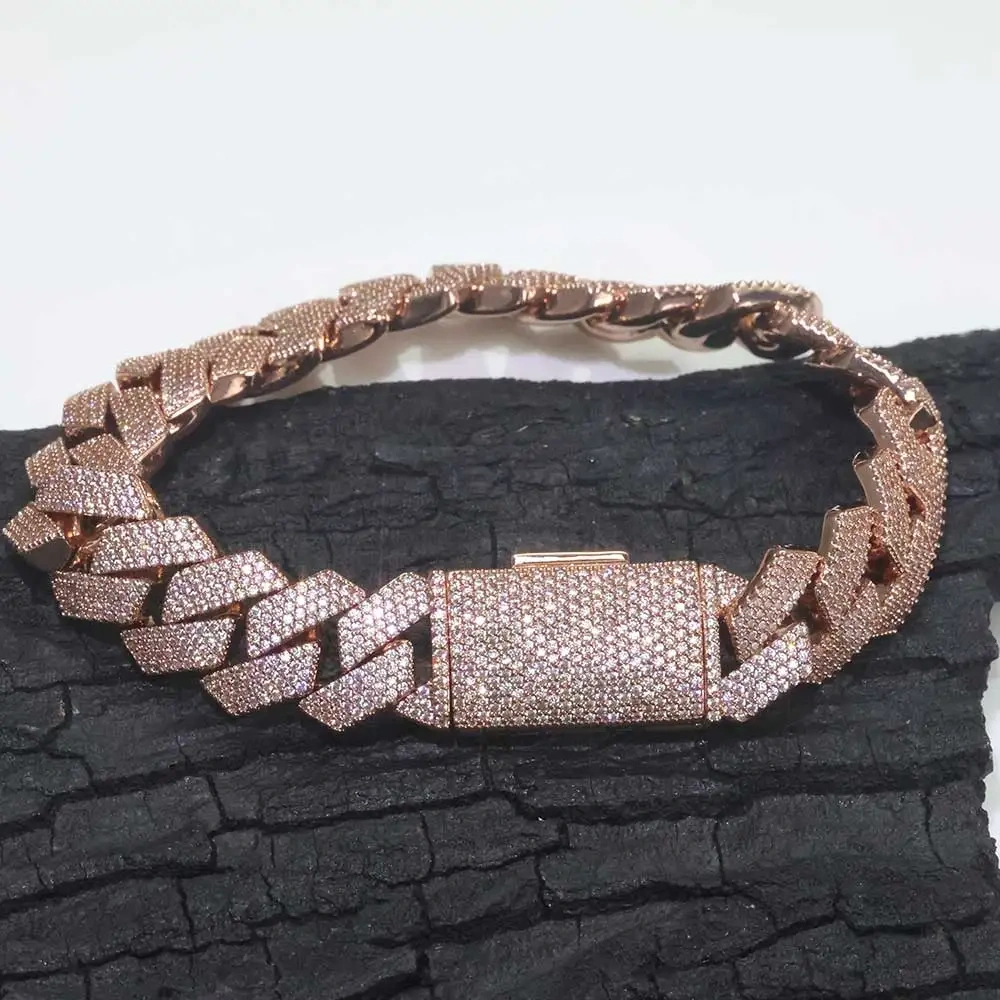 15mm 4 Rows Rose Gold Bracelet Prong for Women Iced Out White Diamond Prong Miami Cuban Link Chain Bracelet Hip Hop Jewelry
