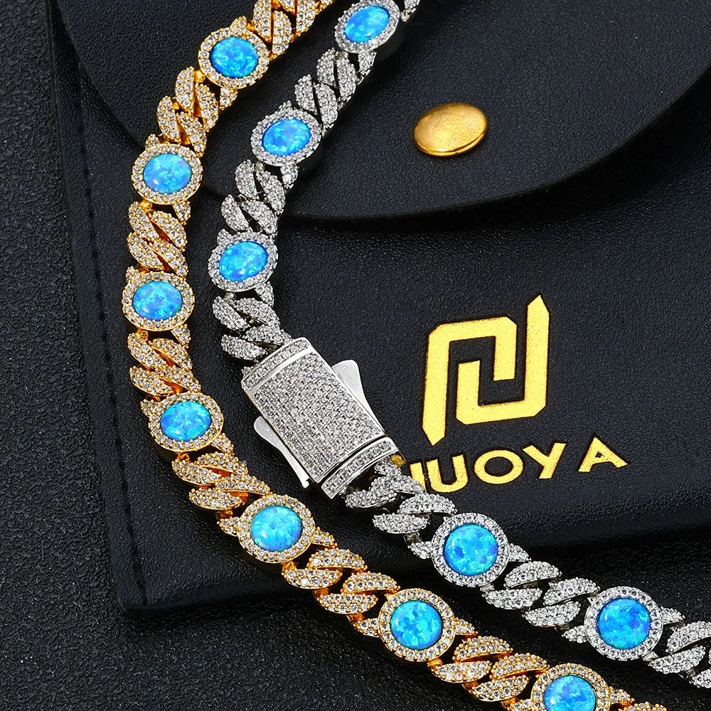 Hip Hop Jewelry 5A Cubic Zirconia Blue Opal Cuban Link Chain Bling Gold Plated Brass Diamond Cuban Necklace for Women Men