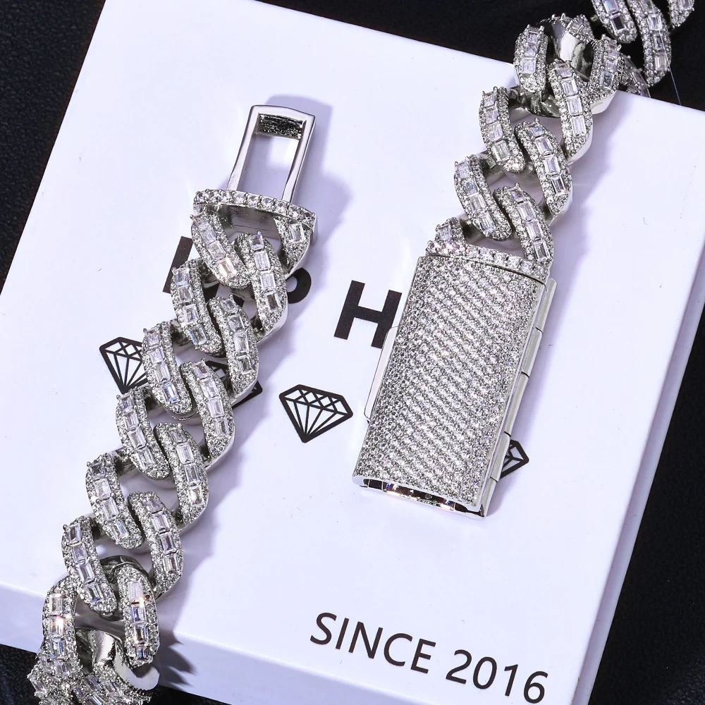 NUOYA 18mm 3 Row Moissanite Cuban Link Chain 925 Silver Full Iced Out VVS Moissanite Bracelet Hip Hop Jewelry