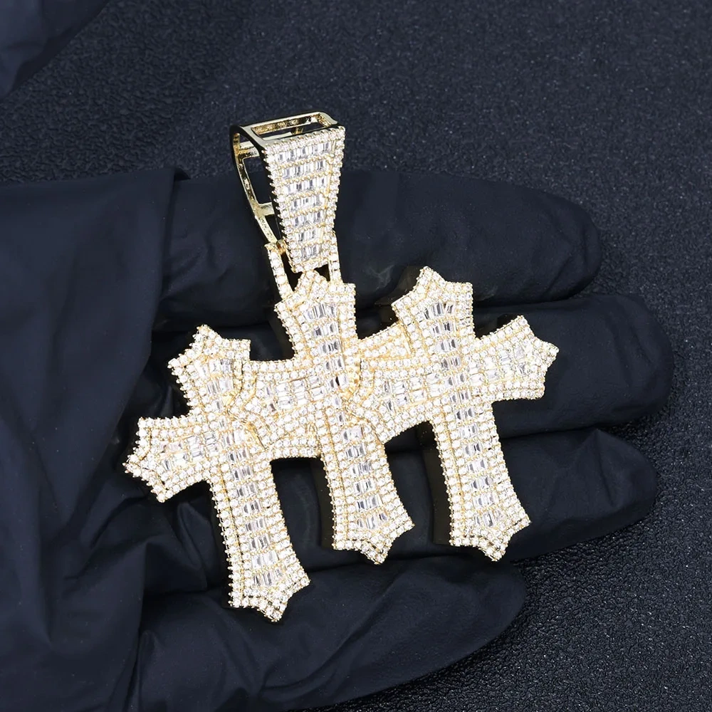 ESKEEM High Quality 3-in-1 Micro Pave Bling Baguette Cubic Zirconia Cross Pendant Silver Gold Plated Brass Diamond Charm Pendant