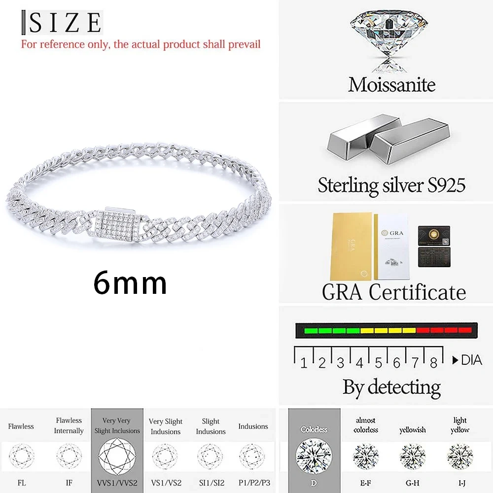 6mm Pass Diamond Test Moissanite Cuban Link Chain 925 Sterling Silver VVS Diamond Iced Out Women Single Rows Thin Necklace