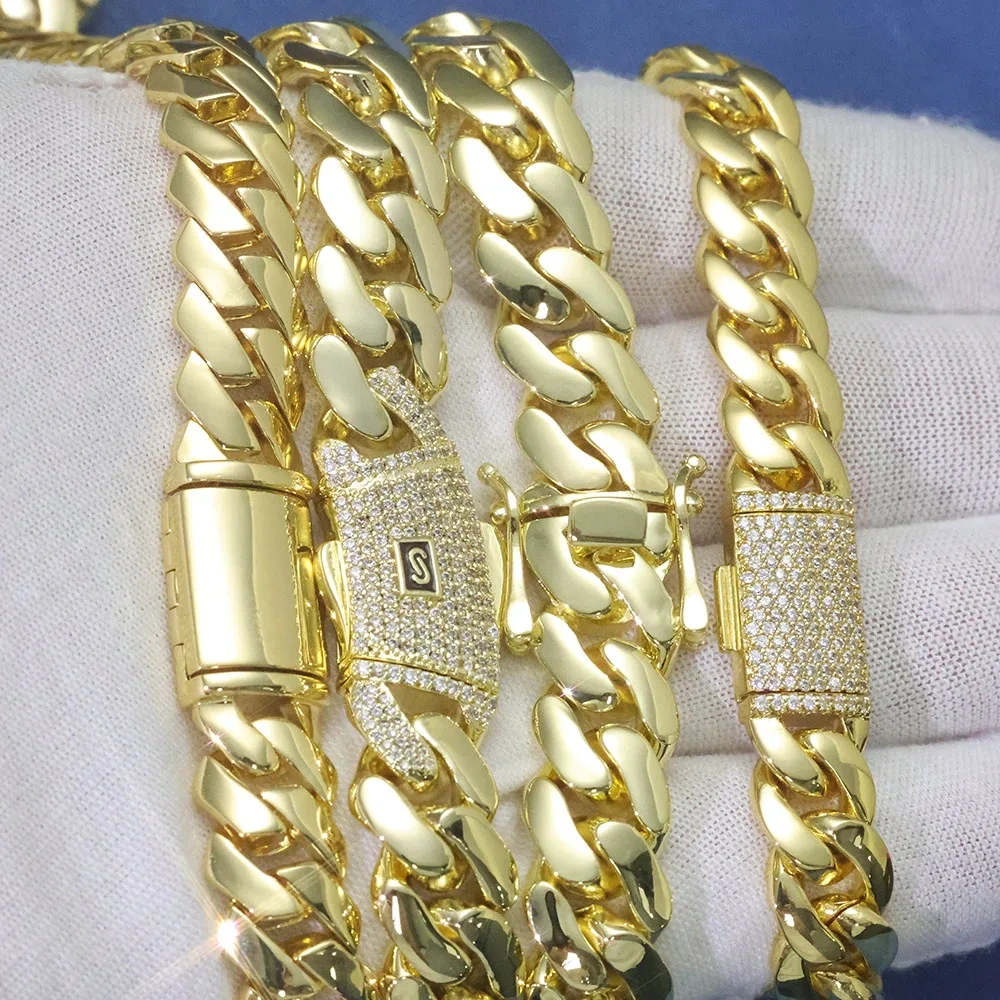 ESKEEM 12mm Cuban Link Chain Necklace 14K Gold Plated Brass Hip Hop Jewelry Customizable Men Women Gift