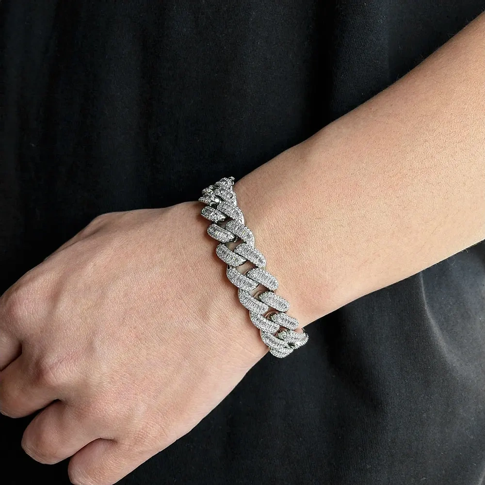 15mm Hip Hop Rapper Rock Men Iced Out Prong Fashion Luxury Jewelry Cuban Link Matching Bracelet Hommes