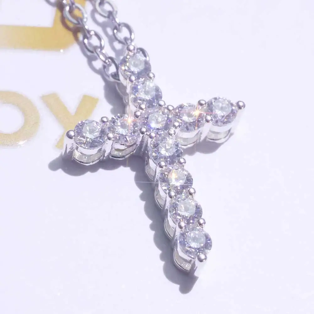 Full Moissanite Cross Pendant Necklace Stainless Steel O-Chain Plated 18k White Gold S925 Sterling Silver Necklace For Women