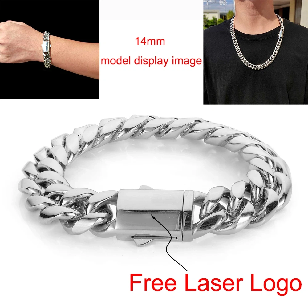 Hip Hop Stainless Steel Cuban Link Chain Necklace For Men Women Cuban Bracelet Jewelry Custom Logo On Front Back