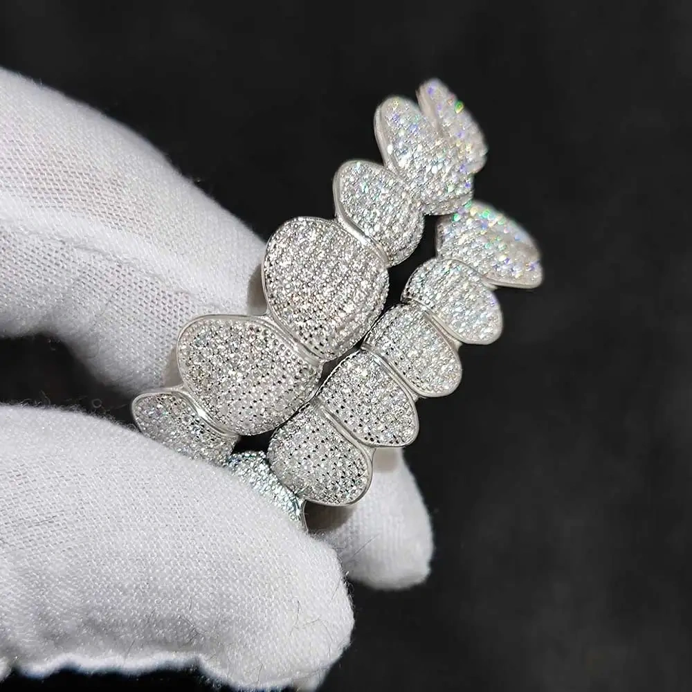 Custom Jewelry Hip Hop Flawless VVS Moissanite Grillz 8/10 Top & 8/10 Bottom 925 Sterling Silver Iced Out Teeth Grillz