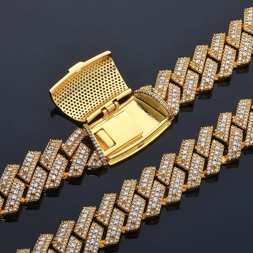 ESKEEM 18mm Shiny 3 Row Diamond White Gold Cuban Bracelet for Men Full Prong Iced Out Cuban Link Chain Hip Hop Jewelry