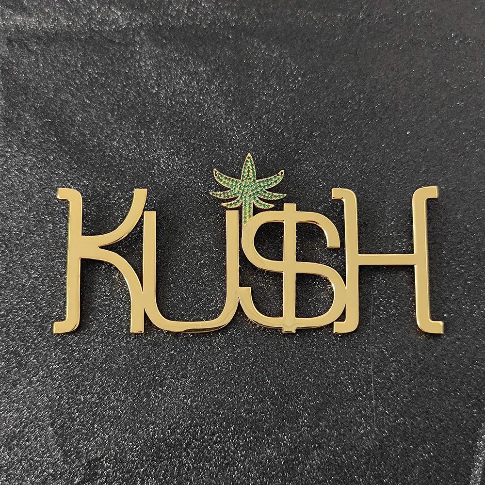 Hip Hop Jewelry Metal Alphabet Label Custom Logo Pendant Iced Out Green Leaf Hook Smooth Letter Pendant Gift For Men Women