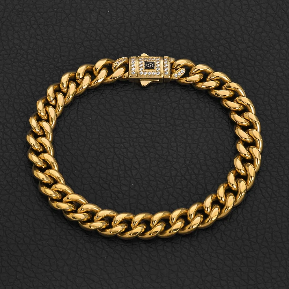 ESKEEM Bling Iced Out Stainless Steel Spring Buckle Miami Cuban Link Chain Bracelet for Men PVD 14k Gold Plating Hip Hop Jewelry
