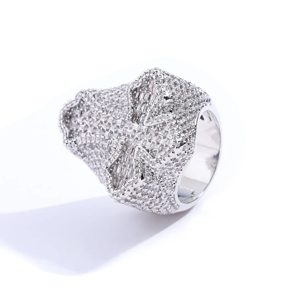 Hip Hop Jewelry Fashion Style Cross Cuban Ring for Men Bling Iced Out Round&T-shaped Diamond Cross Ring Party Gift
