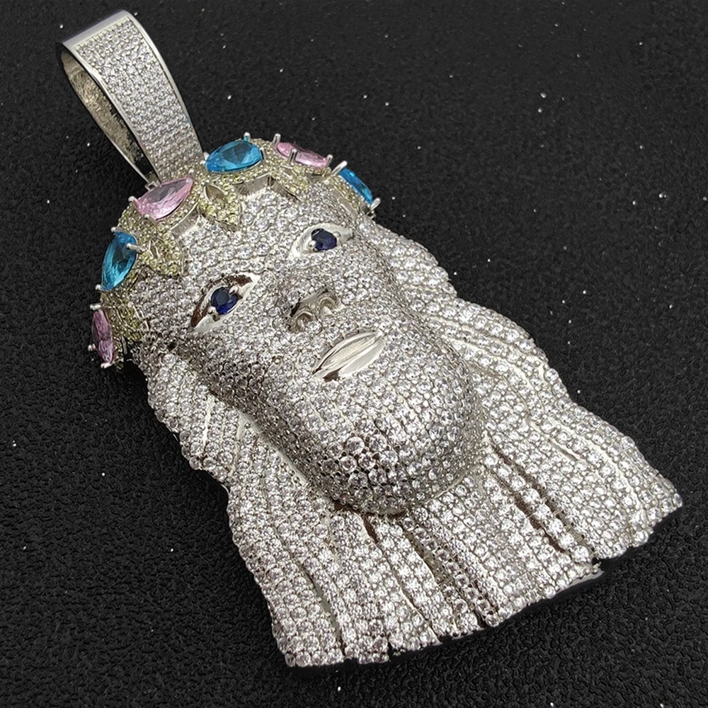 Mens Diamond Jesus Head Inlaid Colorful Zircon Silver Gold Face Christ Big Pendant For Gift Drop Shipping