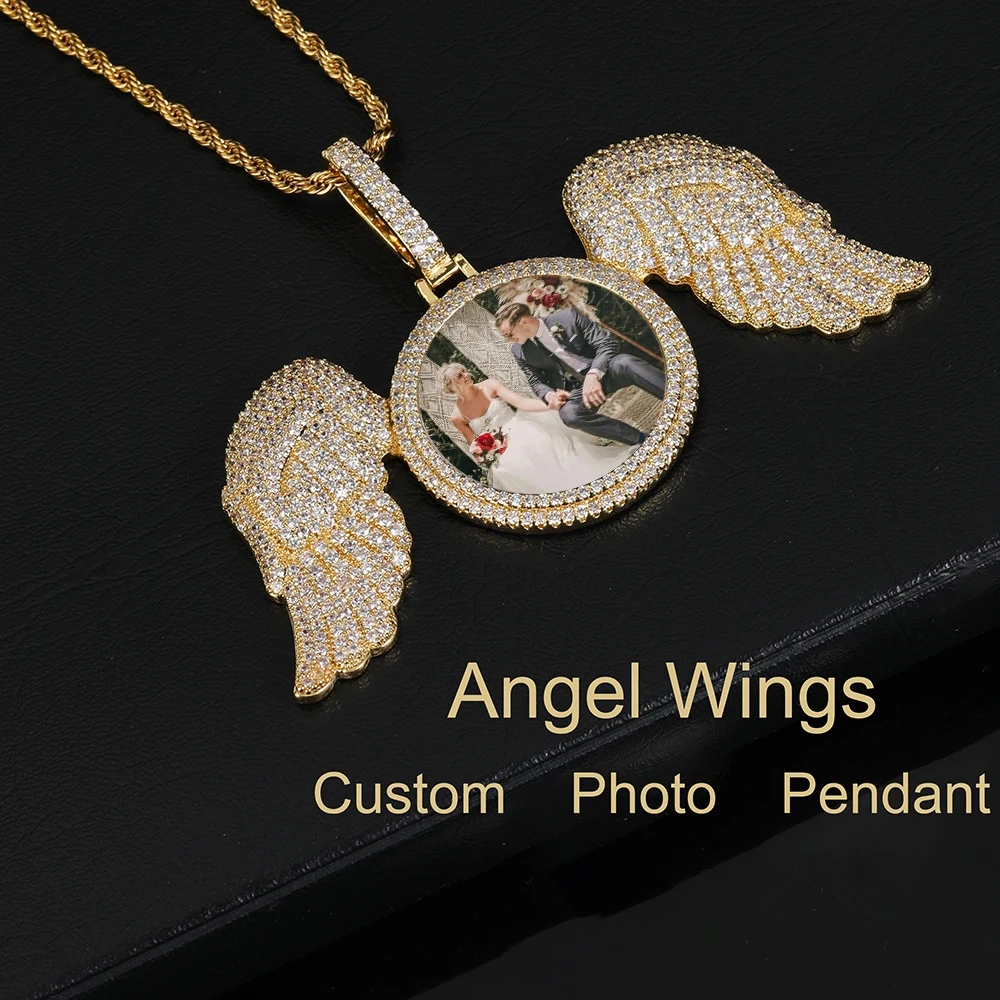 Hip Hop Memorial Custom Wing Photo Pendant Necklace For Men Personalized With Angel Wings Pendants Trays Picture